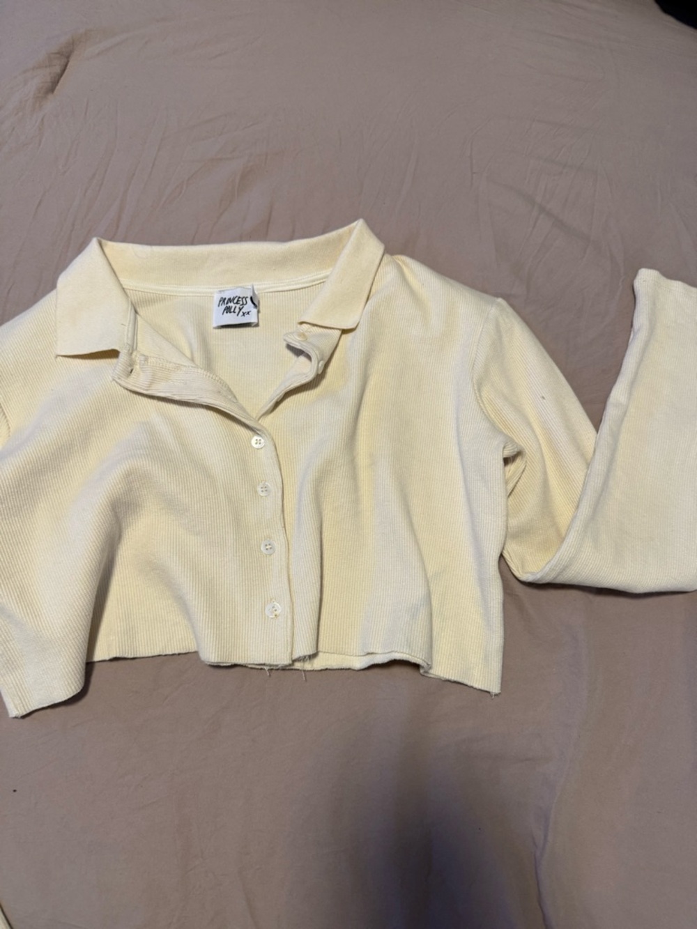Princess Polly Pale Yellow Cropped Ribbed Polo Cardigan